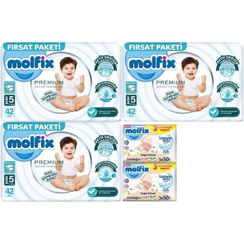 Molfix Premium Bebek Bezi Beden:5 (11-18KG) Junior 126 Adet Fırsat Pk + 6 Adet Islak Mendil