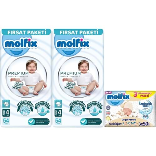 Molfix Premium Bebek Bezi Beden:4 (7-14KG) Maxi 108 Adet Fırsat Pk + 3 Adet Islak Mendil