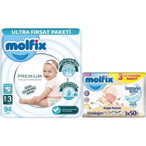 Molfix Premium Bebek Bezi Beden:3 (4-9KG) Midi 94 Adet Ultra Fırsat Pk + 3 Adet Islak Mendil