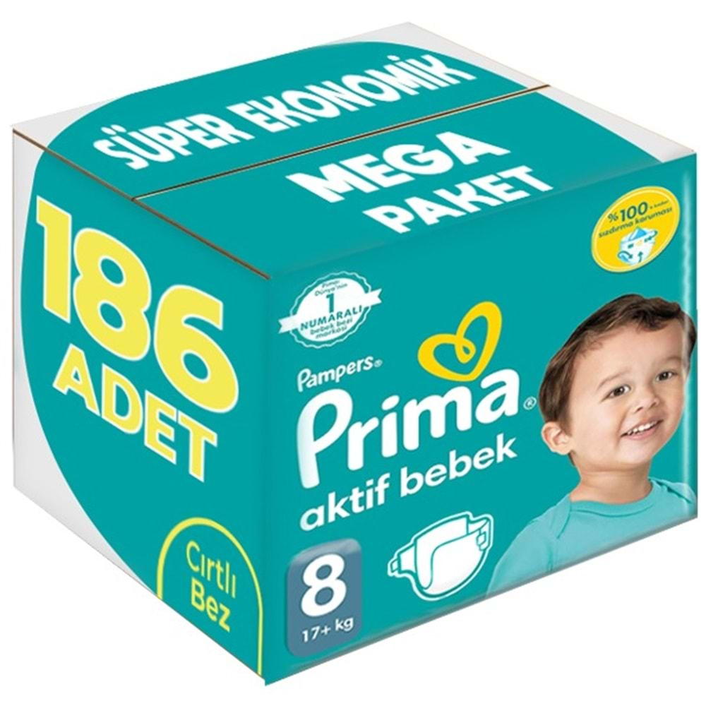 Prima Bebek Bezi Beden:8 (17+Kg) XXX Large 186 Adet Süper Ekonomik Mega Pk