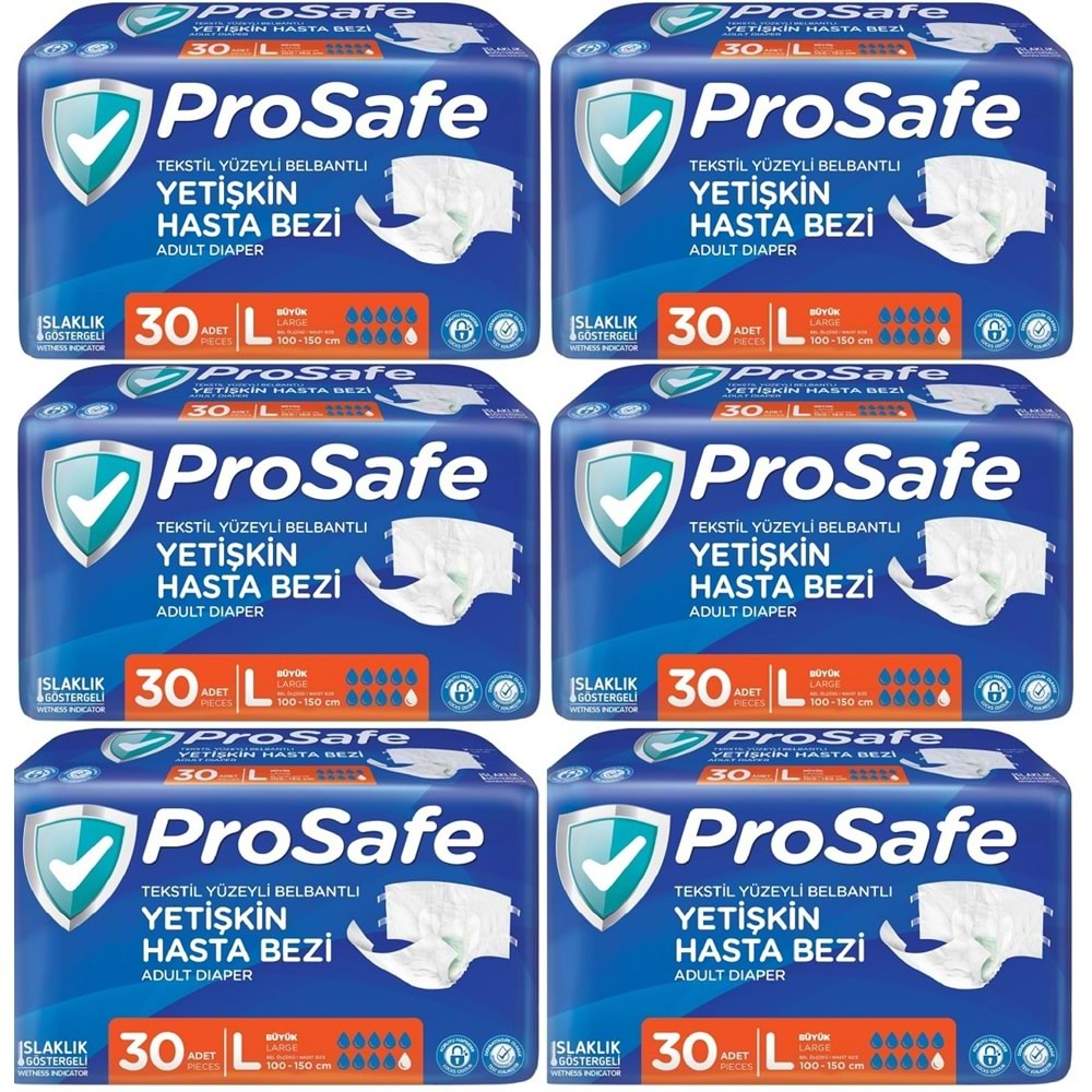 Prosafe Hasta Bezi Yetişkin Bel Bantlı Tekstil Yüzey L-Büyük Boy 180 Adet (6PK*30)