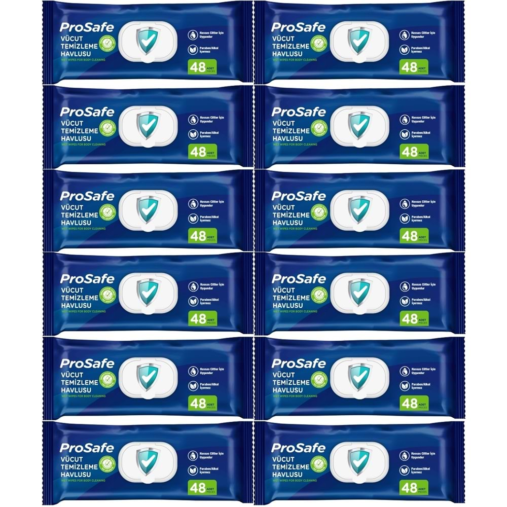 Prosafe Hasta Vücut Temizleme Islak Mendil Havlu 48 Yaprak XL (12 Li Set) Plastik Kapak