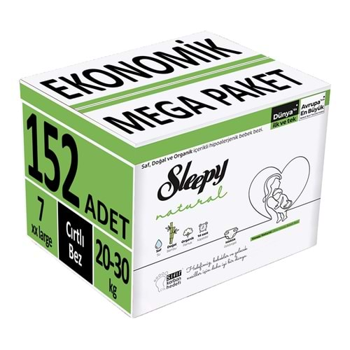 Sleepy Bebek Bezi Natural Beden:7 (20-30Kg) XX Large 152 Adet Ekonomik Mega Pk