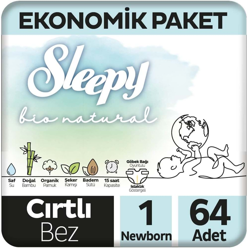 Sleepy Bebek Bezi Bio Natural Beden:1 (2-5KG) Yeni Doğan Newborn 128 Adet Süper Ekonomik Pk