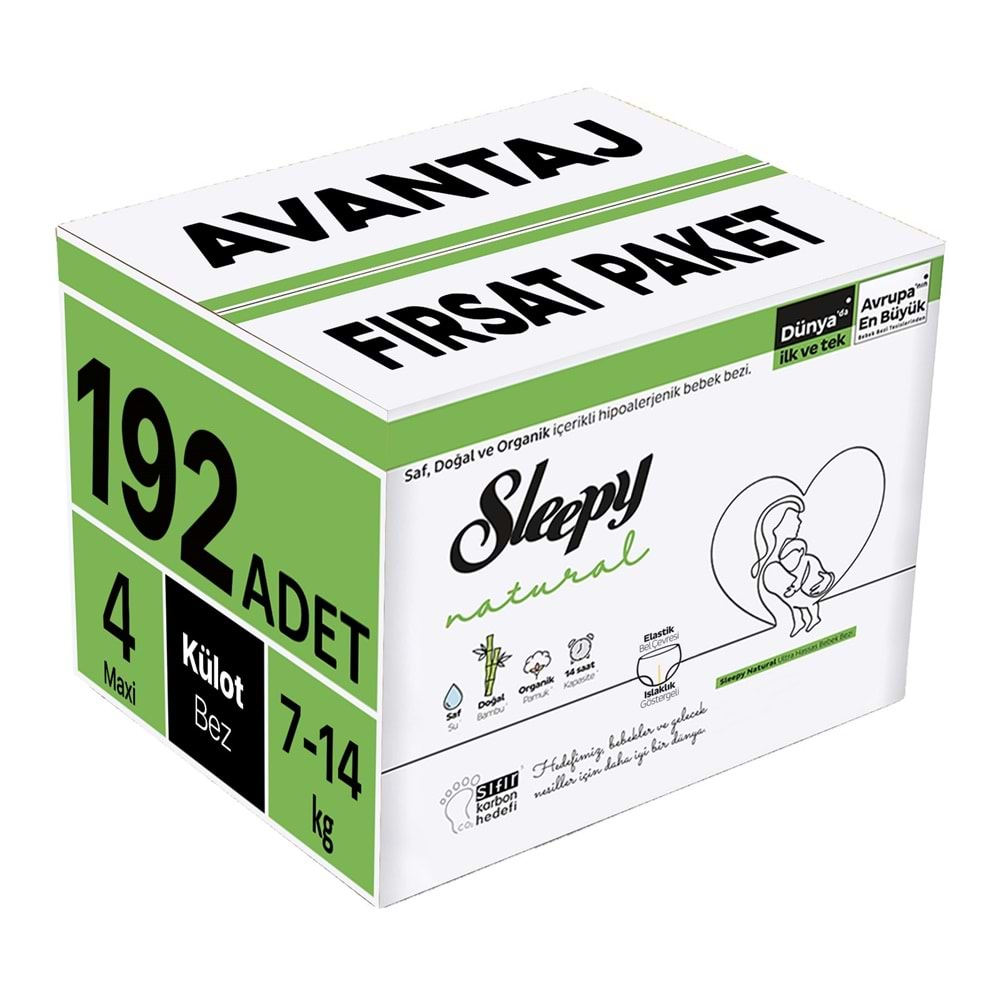 Sleepy Külot Bebek Bezi Natural Beden:4 (7-14KG) Maxi 192 Adet Avantaj Fırsat Pk