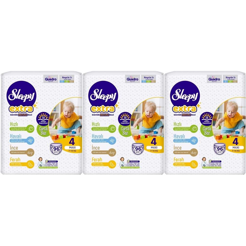 Sleepy Bebek Bezi Extra Beden:4 (7-16Kg) Maxi 288 Adet Aylık Ultra Pk (3PK*96)