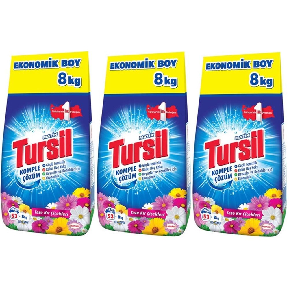 Tursil Matik Toz Çamaşır Deterjanı 24KG Taze Kır Çiçekleri (159 Yıkama) Renkli/Beyazlar İçin (3PK*8)