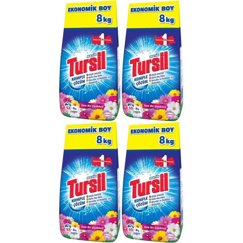 Tursil Matik Toz Çamaşır Deterjanı 32KG Taze Kır Çiçekleri (212 Yıkama) Renkli/Beyazlar İçin (4PK*8)