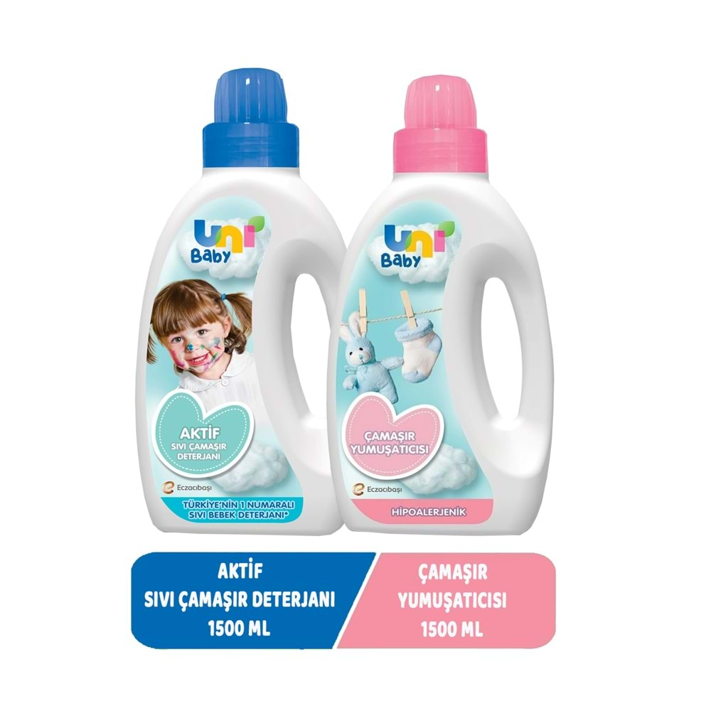 Uni Baby Sıvı Çamaşır Deterjanı 1500ML Aktif+Yumuşatıcı 1500ML Hassas/Hipoalerjenik Karma (2 Li Set)