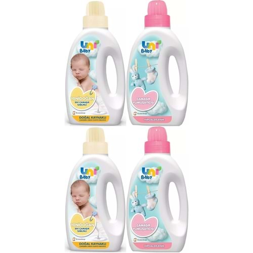 Uni Baby Yeni Doğan Çamaşır Deterjanı/Sabunu 1500ML (Sarı) + Yumuşatıcı 1500ML Hassas Ciltler İçin/Hipoalerjenik (Pembe) Karma (4 Lü Set)