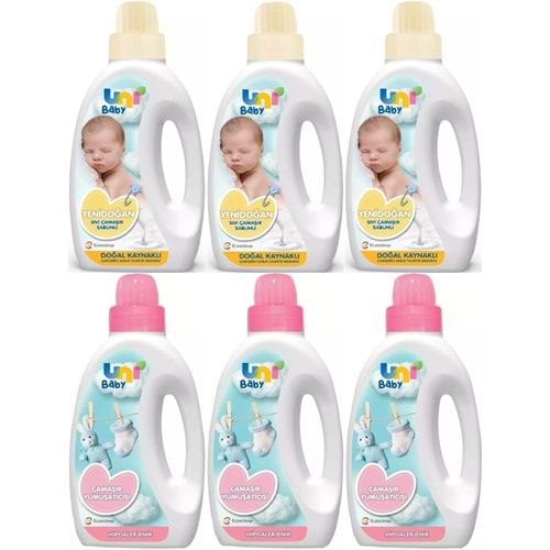 Uni Baby Yeni Doğan Çamaşır Deterjanı/Sabunu 1500ML (Sarı) + Yumuşatıcı 1500ML Hassas Ciltler İçin/Hipoalerjenik (Pembe) Karma (6 Lı Set)